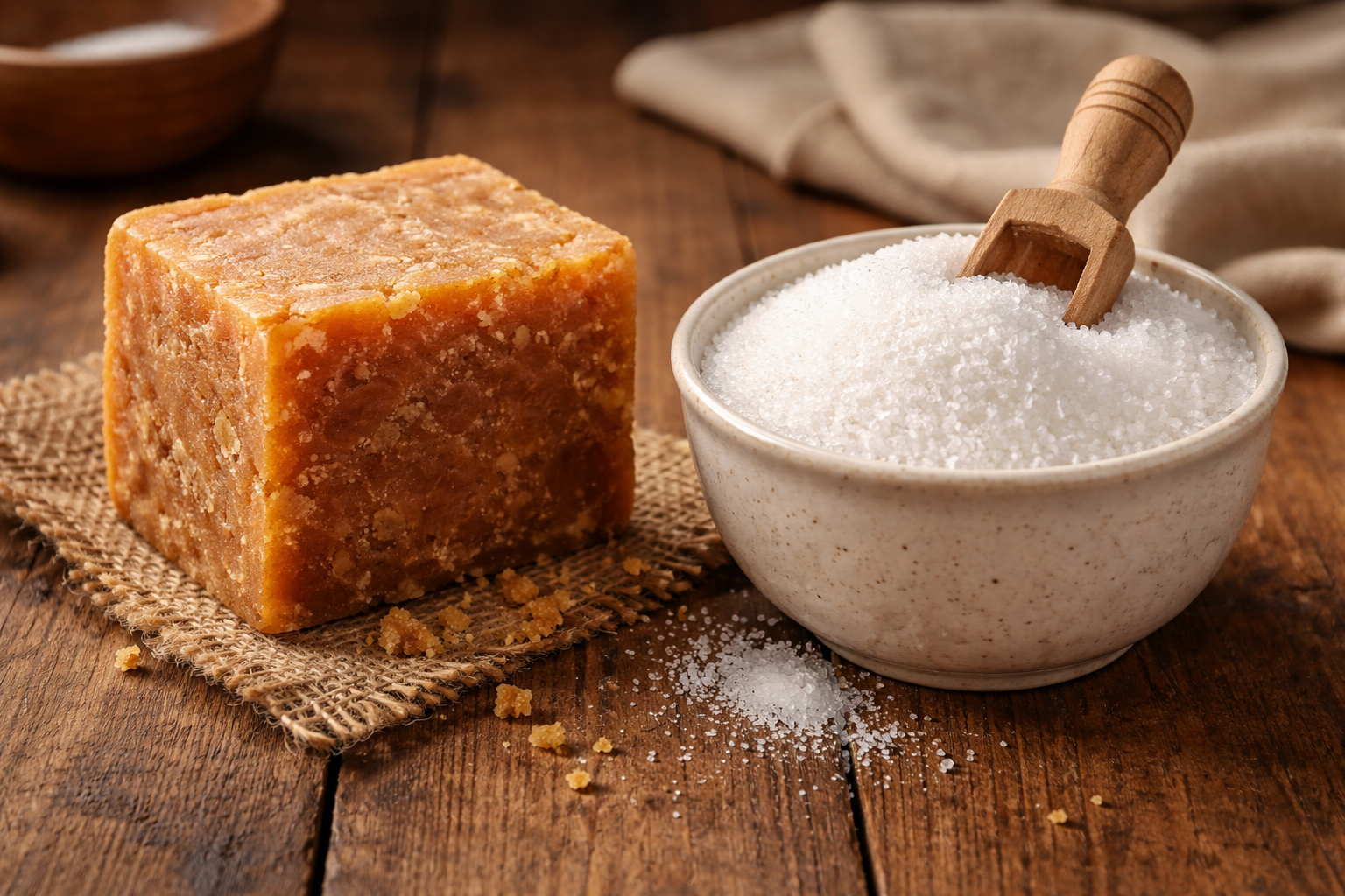 jaggery block and white sugar bowl side by side, natural lighting, food photography, rustic wooden table, warm tones