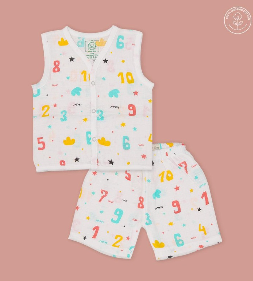 Baby clothing set with sleeveless printed top and matching shorts in soft cotton fabric