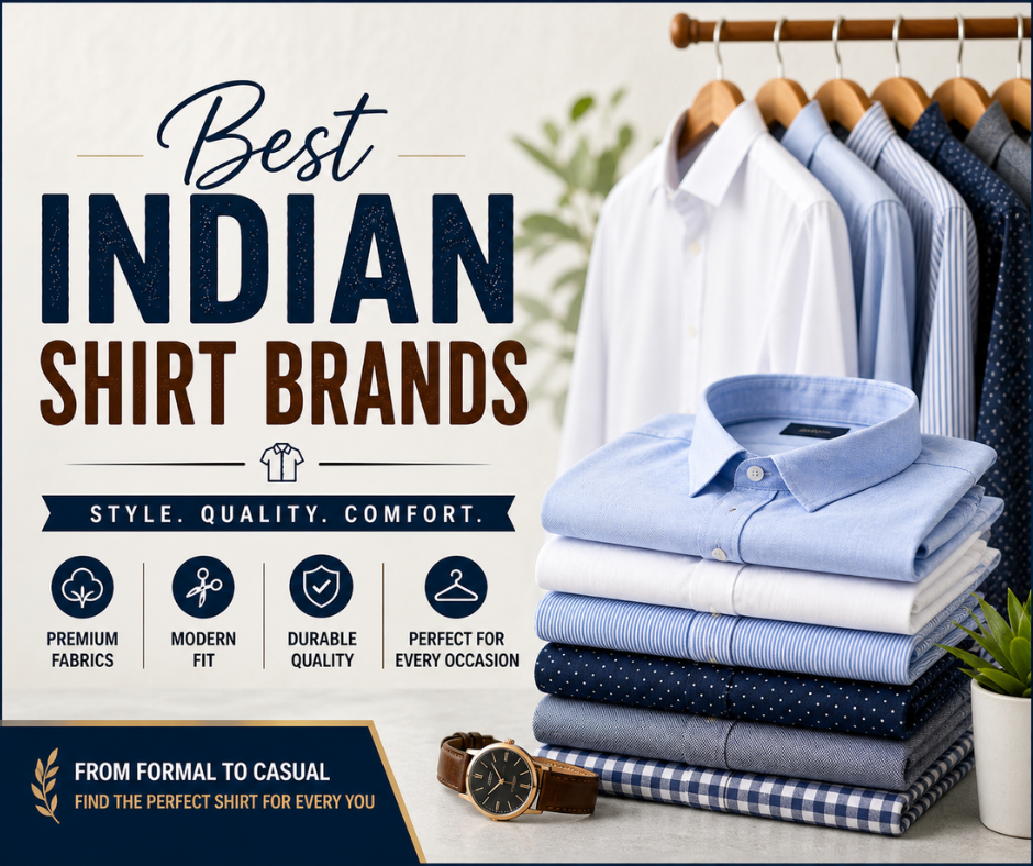 Collection of premium formal and casual men’s shirts representing top Indian shirt brands
