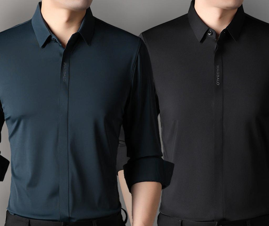 Men wearing plain dark formal shirts with modern slim fit design
