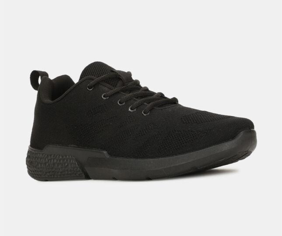 Black sports shoes with breathable mesh design and cushioned sole for daily comfort