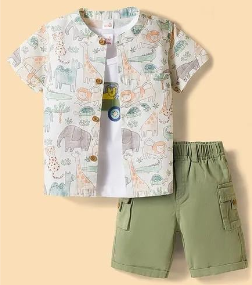 Kids casual clothing set with printed shirt, inner t-shirt, and green shorts on display