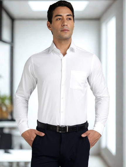 Man wearing white formal shirt with office background and clean professional look